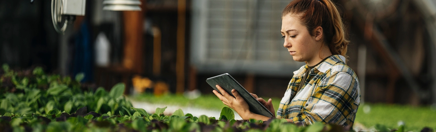 Woman using tablet device in garden